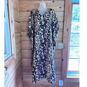 Kaftan Maxi Dress Womens Free Size Cream Black Abstract Print Excellent Ashro